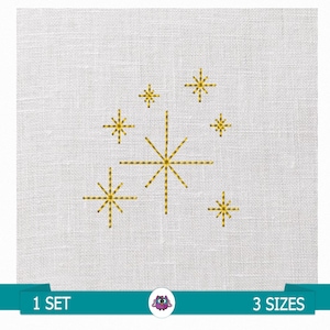 May include: A set of 3 embroidery designs featuring a cluster of gold starbursts. The designs are available in 3 sizes.