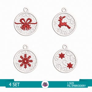 May include: Set of four white Christmas ornament embroidery designs. Each design features a different holiday theme: a bow with bells, a reindeer, a snowflake, and two stars. The designs are in red and white.