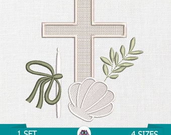 Taufe Kreuz Kerze und Muschel - Digitales Stickdesign - Stickdatei Taufe - Religiöse Stickerei - Meine Taufe Stickdatei