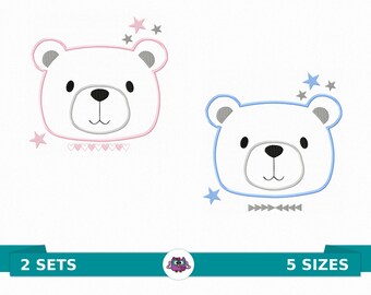 May include: Two embroidery designs of a white bear face with gray ears and nose. One design has a pink outline and a row of pink hearts below the face. The other design has a blue outline and a gray bow tie below the face. Both designs have gray stars above the face. The text "2 SETS" is in the lower left corner and "5 SIZES" is in the lower right corner.
