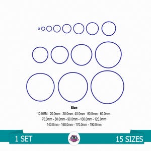 May include: A white background featuring 15 blue outline circles of different sizes, ranging from 10.0mm to 190.0mm. Text at the bottom reads "1 SET" and "15 SIZES". The word "Size" is also present.