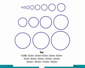 May include: A white background with 15 blue outline circles of varying sizes. The sizes range from 10.0mm to 190.0mm. Text at the bottom reads "1 SET" and "15 SIZES". The word "Size" is also present.