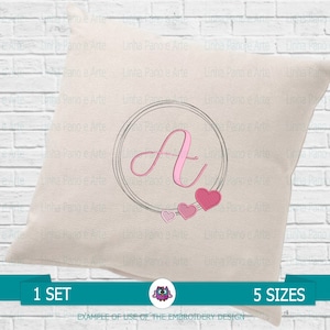 May include: A white pillow with a gray circle and the letter "A" in pink inside. There are three pink hearts below the circle. The text "1 SET" and "5 SIZES" is at the bottom of the image.