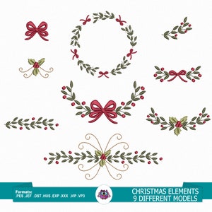 Pode incluir: Nove designs de bordado diferentes que apresentam elementos natalinos, incluindo coroas, laços, azevinho e bagas. Os designs são em vermelho, verde e dourado.