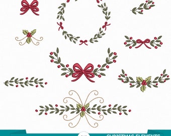 May include: Nine different embroidery designs featuring Christmas elements, including wreaths, bows, holly, and berries. The designs are in red, green, and gold.