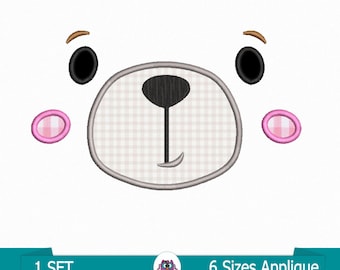 May include: White bear face applique design with black eyes, brown eyebrows, and pink cheeks. The bear's nose is black, and the mouth is a curved line. The design includes the text "1 SET" and "6 Sizes Applique".
