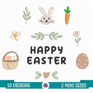 Könnte beinhalten: Ein Set mit 10 Stickmotiven zum Thema Ostern mit einem Hasen, einer Karotte, einer Blume, Blättern, einem Korb mit Eiern, einem Herzen und einem Osterei. Die Motive sind in zwei Mini-Größen erhältlich. Der Text "Frohe Ostern" ist im Motivset enthalten.