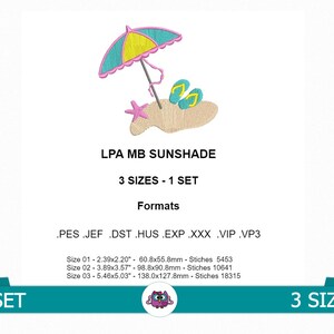 Op de afbeelding: Een set van drie borduurpatronen voor een strandparasol, slippers en een zeester. De ontwerpen zijn beschikbaar in 10 formaten: PES, JEF, DST, HUS, EXP, XXX, VIP, VP3. De maten zijn 60,8 x 55,8 mm, 98,8 x 90,8 mm en 138,0 x 127,8 mm.