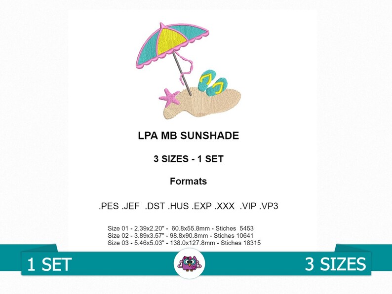 Op de afbeelding: Een set van drie borduurpatronen voor een strandparasol, slippers en een zeester. De ontwerpen zijn beschikbaar in 10 formaten: PES, JEF, DST, HUS, EXP, XXX, VIP, VP3. De maten zijn 60,8 x 55,8 mm, 98,8 x 90,8 mm en 138,0 x 127,8 mm.