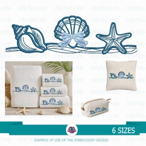 May include: An embroidery design featuring a blue seashell, a scallop shell with a bow, and a starfish arranged in a row. The design is shown applied to white towels, a square throw pillow, and a small zippered pouch, demonstrating its use.
