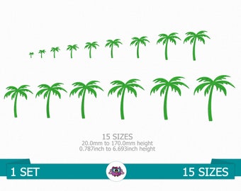 May include: A set of 15 different sized green palm tree embroidery designs. The designs range in size from 20.0mm to 170.0mm in height.