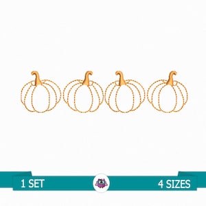 Könnte beinhalten: Ein Set mit drei Stickmustern von goldenen Umrisskürbissen. Die Kürbisse sind in einer Reihe angeordnet und haben ein schlichtes, klassisches Design.