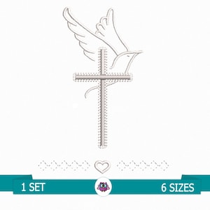 Peut inclure: Colombe blanche aux ailes déployées volant au-dessus d'une croix blanche. La colombe est tournée vers la droite et la croix est centrée. L'image est sur un fond blanc.