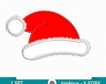 May include: A red Santa hat with a white fluffy trim and a white fluffy ball at the end. The hat is an applique design, available in 5 sizes. The text "Applique - 5 SIZES" is visible.
