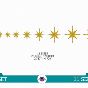 Op de afbeelding: Een set van 11 borduurontwerpen van gouden sterren in verschillende maten, variërend van 20,0 mm tot 120,0 mm. Het ontwerp heeft een eenvoudige, klassieke stervorm.