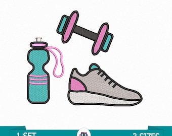 Gym Accessories Embroidery File - Embroidery file design - Water Bottle, Dumbbell & Sneaker - Dumbbell Physical Exercise - Gym embroidery