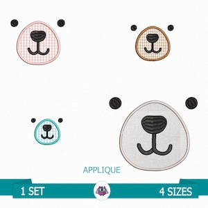 Pode incluir: Quatro designs diferentes de apliques bordados com a forma de um rosto de urso. Os designs são em vichy rosa e branco, vichy castanho e branco, vichy azul claro e branco e cinza com detalhes pretos. Os designs têm todos a mesma forma e tamanho, mas cores e padrões diferentes.