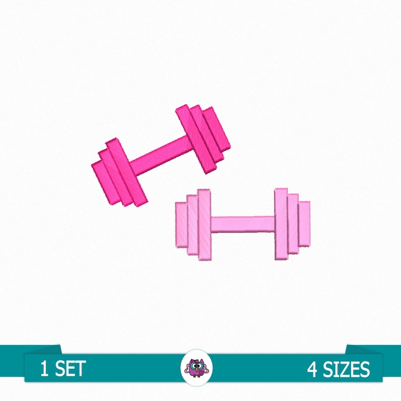 May include: Two pink dumbbells, one darker pink and one lighter pink, in a set of four sizes.