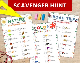 indoor outdoor scavenger hunt, scavenger hunt nature, scavenger hunt color, road trip, kids activity printable