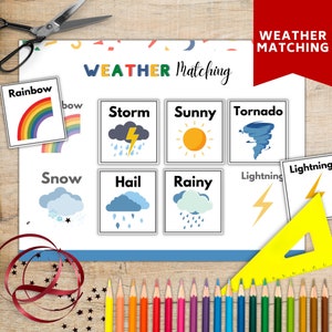 Könnte beinhalten: Ein druckbares Wetter-Zuordnungs-Spiel mit bunten Illustrationen von einem Regenbogen, einem Sturm, einem sonnigen Tag, einem Tornado, Schnee, Hagel, Regen und Blitz. Das Spiel enthält die Wörter "Weather Matching" oben.