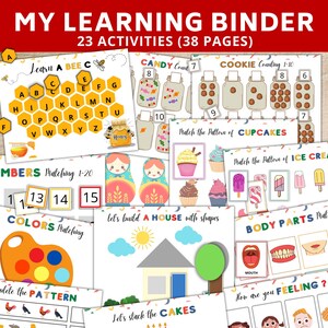 May include: A colourful printable learning binder with 23 activities for children. The binder includes activities such as matching numbers, colours, and patterns, as well as building a house with shapes, stacking cakes, and learning about body parts. The binder is designed to help children learn and grow.