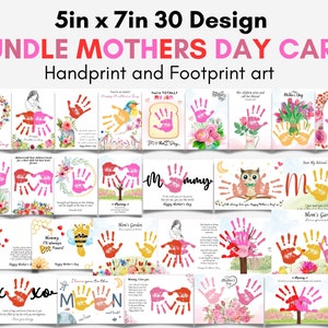 30 Design de cartão de dia das mães com pegada de mão, artesanato de arte para bebês e crianças pequenas, presente DIY para artesanato de cartão, feliz dia das mães, para impressão