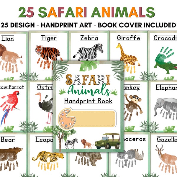 25 Design Safari Animals Handprint Art Kit for Toddlers, Preschoolers, First Grade Activity,Classroom Nursery Activity, Handprint Keepsake