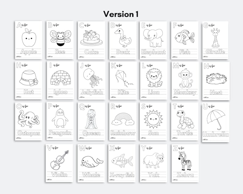 May include: Black and white alphabet flash cards featuring illustrations of various animals, objects, and foods. Each card has a letter, the word for the image, and the phrase "is for".