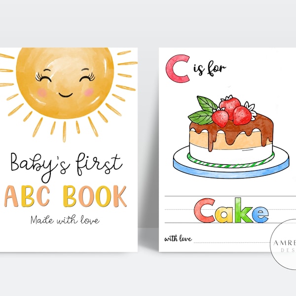 52 PAGINA'S ABC Baby shower kleurboek, Baby's eerste ABC Boek, Zon thema Alfabetboek, Baby shower spel of activiteit, afdrukbaar