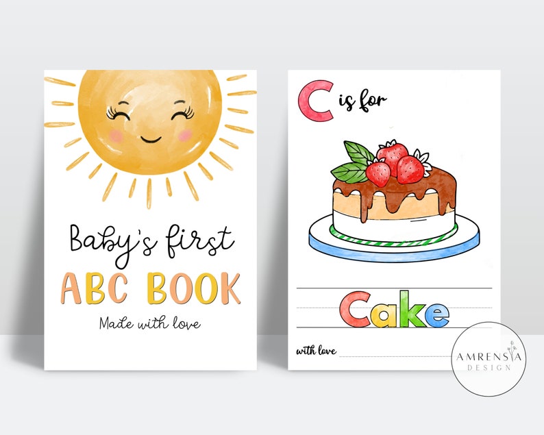 52 PAGES ABC Baby shower coloring book, Baby's First ABC Book, Sun theme Alphabet book, Baby shower game or activity, printable image 1