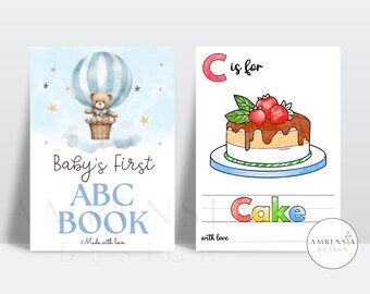 52 SIDOR Blå nallebjörn målarbok för babyshower, babyns första ABC-bok, alfabetssida med bohemiskt björntema, utskrivbar spelaktivitet