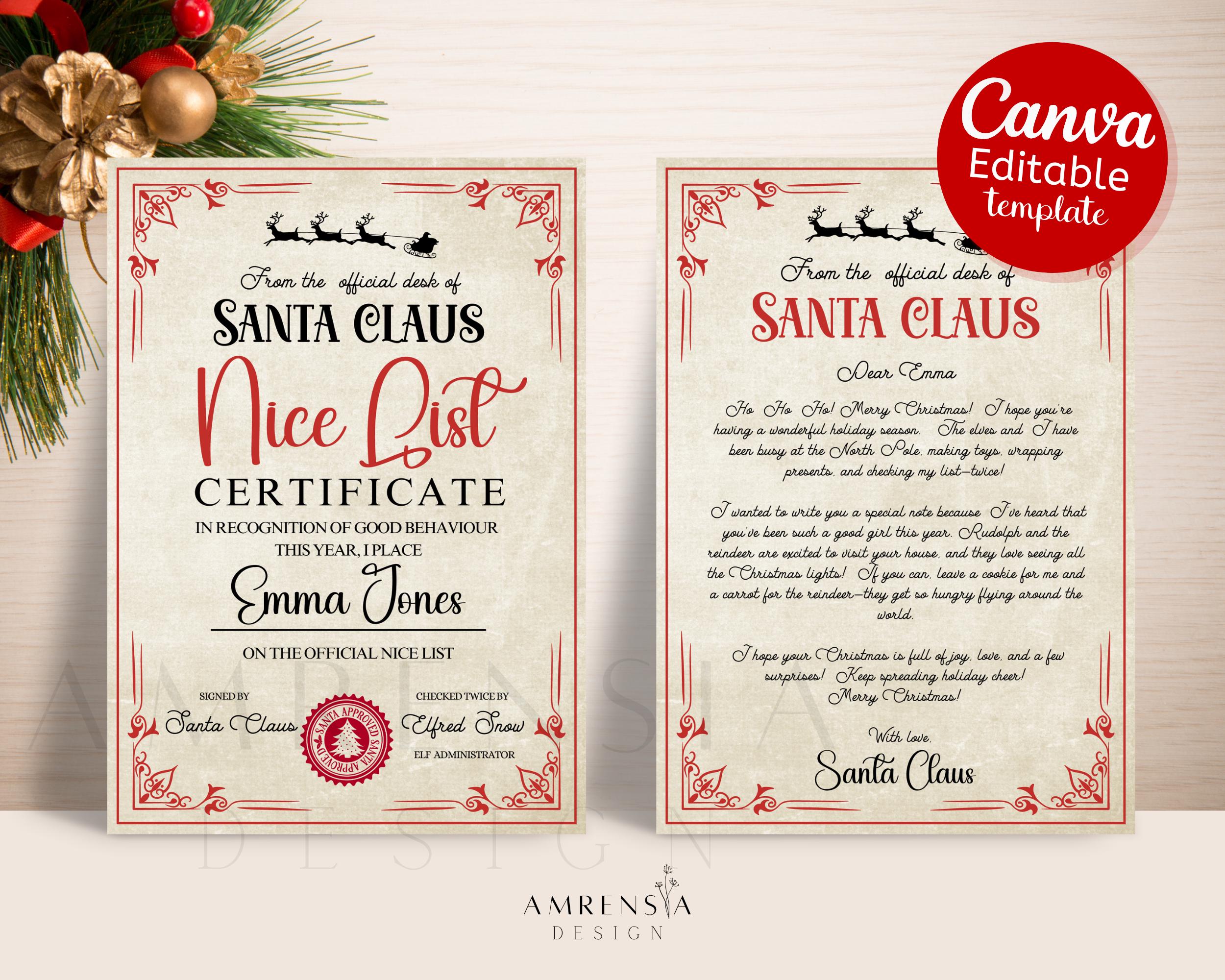 Editable Letter From Santa Vintage Themed Nice List Certificate Canva ...