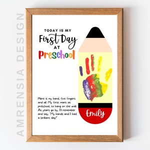 Pencil Handprint Art, Back to school poem craft, First Day of School Printable,  First Day of school craft keepsake memory, DIY Kid Crafts