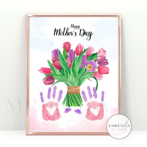 Arte de impressão manual de feliz dia das mães, artesanato de impressão manual de flores da vovó, artesanato infantil para bebês, feliz dia das mães, atividade DIY pré-escolar
