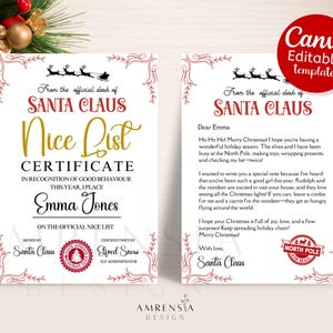Carta editable de Papá Noel Lista de buenos deseos Certificado Canva Plantilla navideña Carta y certificado personalizados Descarga instantánea en PDF