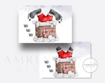 May include: A watercolor illustration of Santa Claus stuck in a chimney with his legs and feet sticking out. The chimney is brick with a candy cane sticking out of the top. The background is a snowy scene with a white watercolor wash.