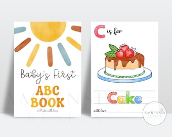 52 PAGES Boho retro Sun ABC Baby shower coloring book, Baby's First ABC Page, Sun theme Alphabet, Baby shower game activity, printable