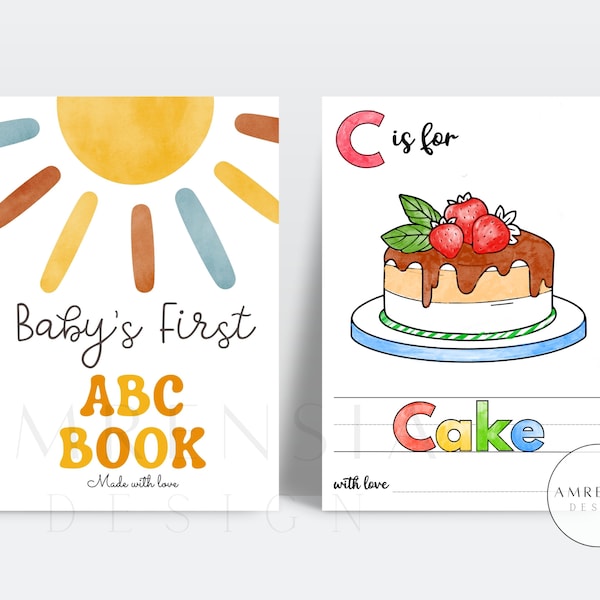 52 PAGES Boho retro Sun ABC Baby shower coloring book, Baby's First ABC Page, Sun theme Alphabet, Baby shower game activity, printable