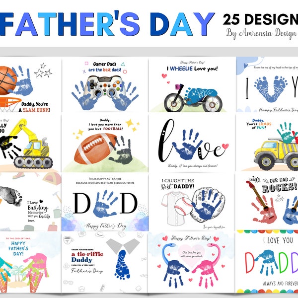 25 Design Fathers Day Handprint Footprint Keepsake For Dad, DIY Personalized keepsake Handprint Card gift Dad, Fathers Day Craft Activities