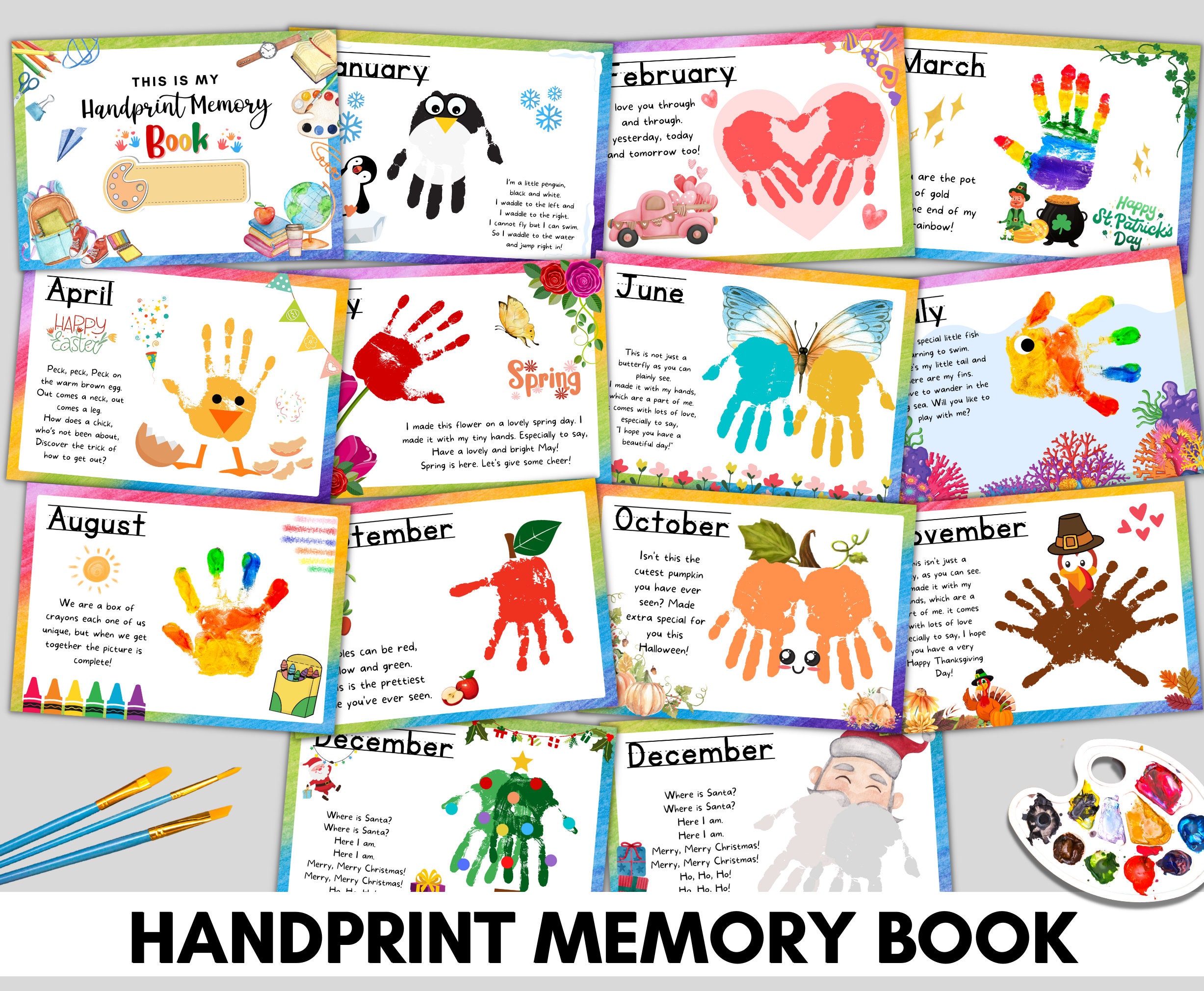 Libro dei ricordi con impronte di mani stampabile per PreK, artigianato di 1° grado della scuola materna prescolare, libro dei ricordi con impronte di mani, lavoretto ricordo