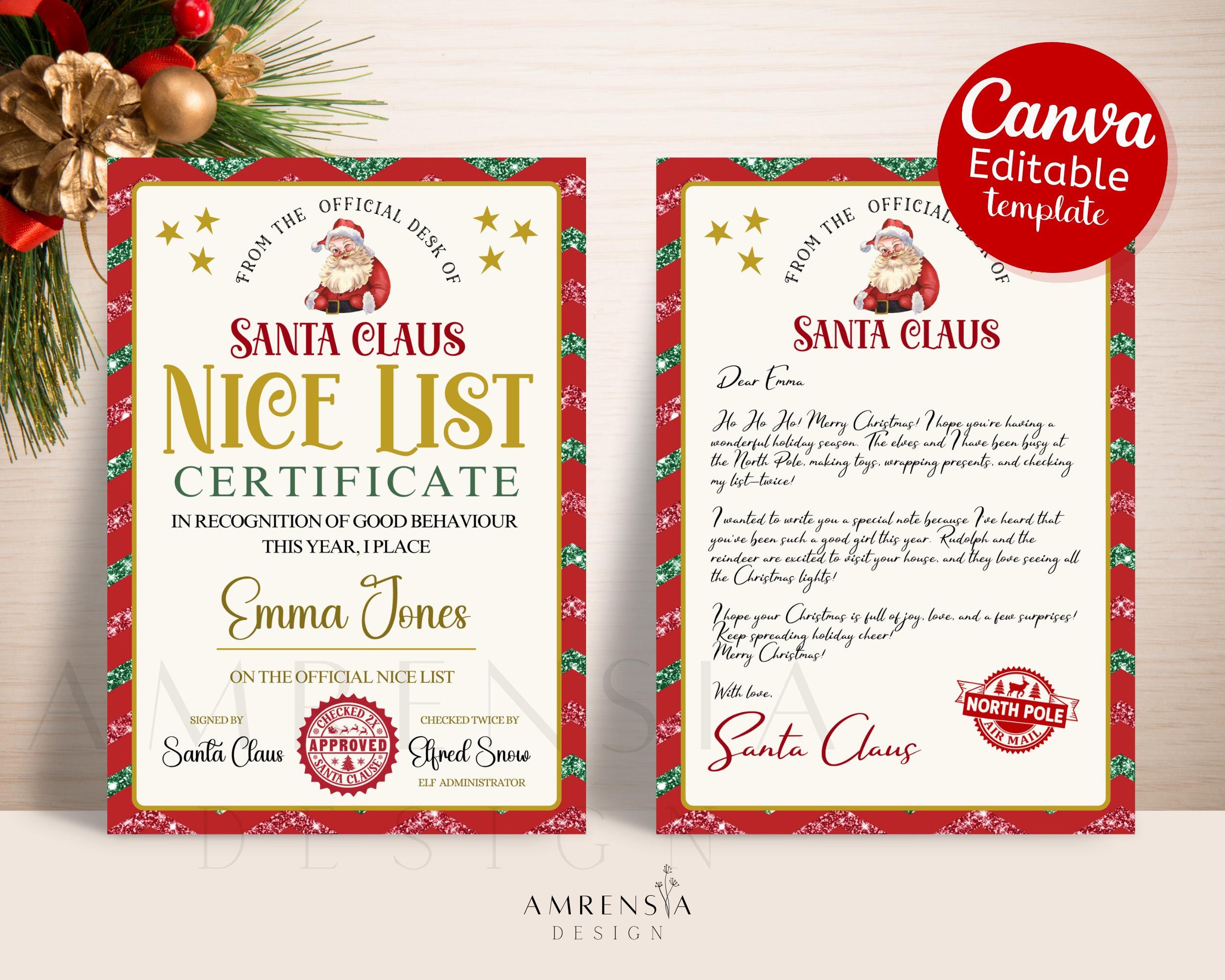 Letter From Santa Canva Editable Template, Vintage Christmas Nice List ...