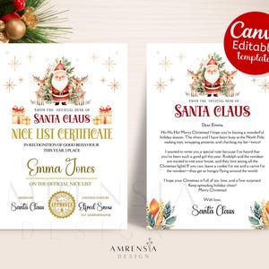 Plantilla editable de Canva con carta de Papá Noel, lindo certificado de lista de buenos deseos navideños, regalo para niños, regalo de Navidad, descarga instantánea