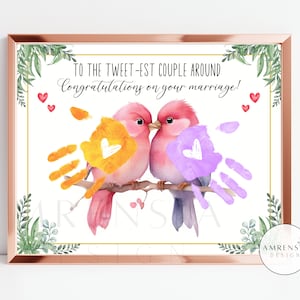 Glückwunschkarte zur Hochzeit, Handabdruckkunst, An das schönste Paar, Liebesvogel, Glückliche Ehe, Geschenk für, Erinnerungsbasteln, Baby, Kleinkind, Kind DIY