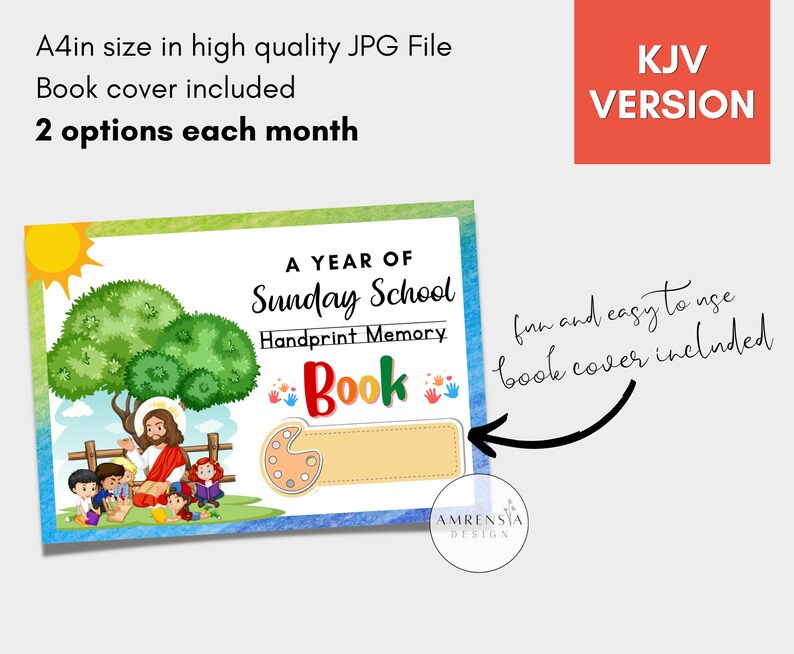 May include: A colourful illustration of a Sunday School book cover with a handprint memory theme. The cover features a scene with Jesus teaching children under a tree. The text on the cover reads "A Year of Sunday School Handprint Memory Book".