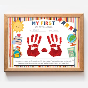 First Day of Preschool Handprint Art, My First Day of School, Handprint  Preschool Craft, Back to School, Memory keepsake