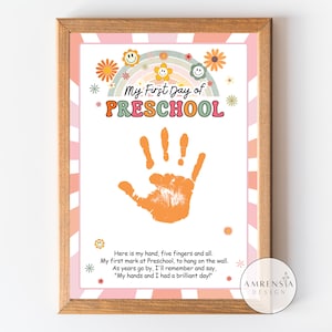 First Day of Preschool Handprint Art, First Day of School sign, Handprint Preschool Craft, Back to School, Memory keepsake, Instant download