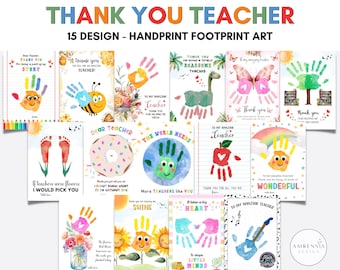 Puede incluir: Quince tarjetas imprimibles para maestros con diseños de arte de huellas de manos y pies. Las tarjetas presentan varios temas, que incluyen una abeja, una dona, un girasol, un arcoíris y una guitarra. El texto en las tarjetas incluye "Gracias a la maestra", "A mi increíble maestra" y "El mundo necesita más maestras como tú".