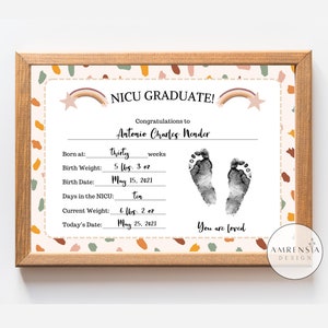 NICU Graduate printable Footprint boho, Newborn baby footprint, NICU Certificate, Welcome baby sign, mom and dad gift, Memory keepsake