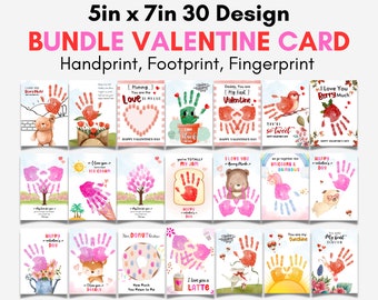 May include: A set of 30 printable Valentine's Day cards featuring handprint, footprint, and fingerprint designs. The cards feature various cute illustrations and messages, such as "I love you a latte", "You're totally my jam", and "Mommy, you are the love of my life".