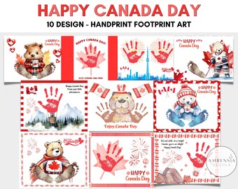 May include: Ten printable designs for handprint and footprint art celebrating Canada Day. The designs feature red and white colors, Canadian flags, fireworks, and cute animal characters. The text "Happy Canada Day" appears on several of the designs.